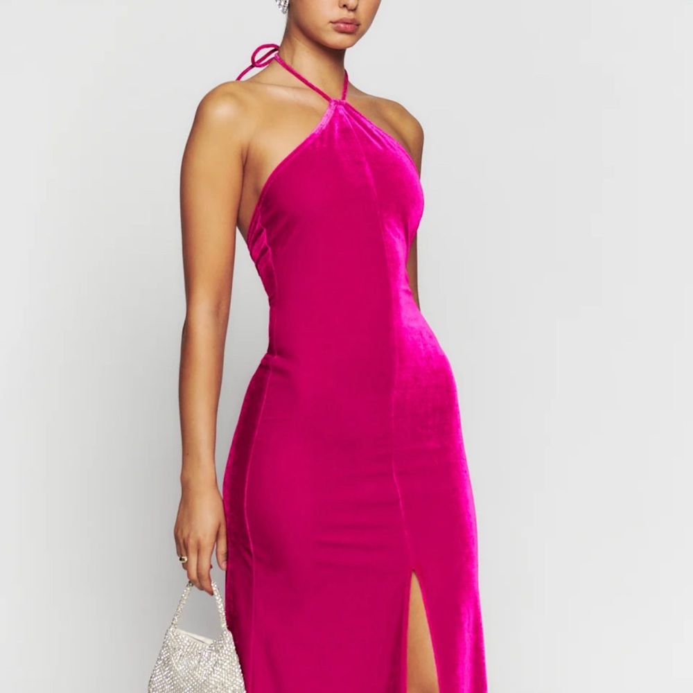 Sexy Reformation Velvet Hot Pink Halter Midi Formal Dress Size S
